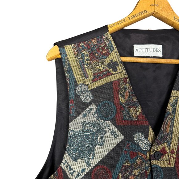 Vintage 90s Casino Print Vest Playing Cards Dice apestry Waistcoat Vegas - Picture 2 of 8